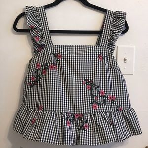 Gingham Peplum Top With Pink Embroiled Flowers
